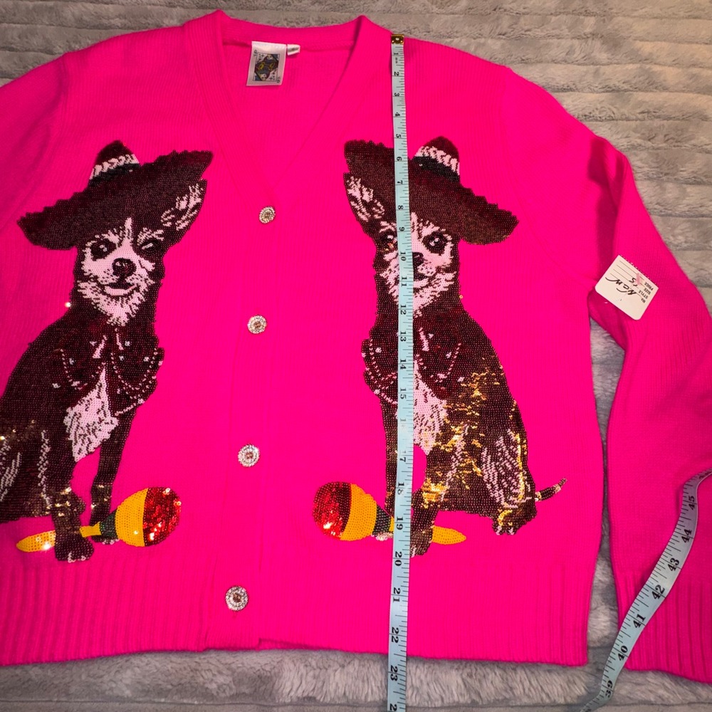 Queen of Sparkles Pink Chihuahua Sequin Cardigan Sweater Sombrero Maraca Small - Picture 10 of 13